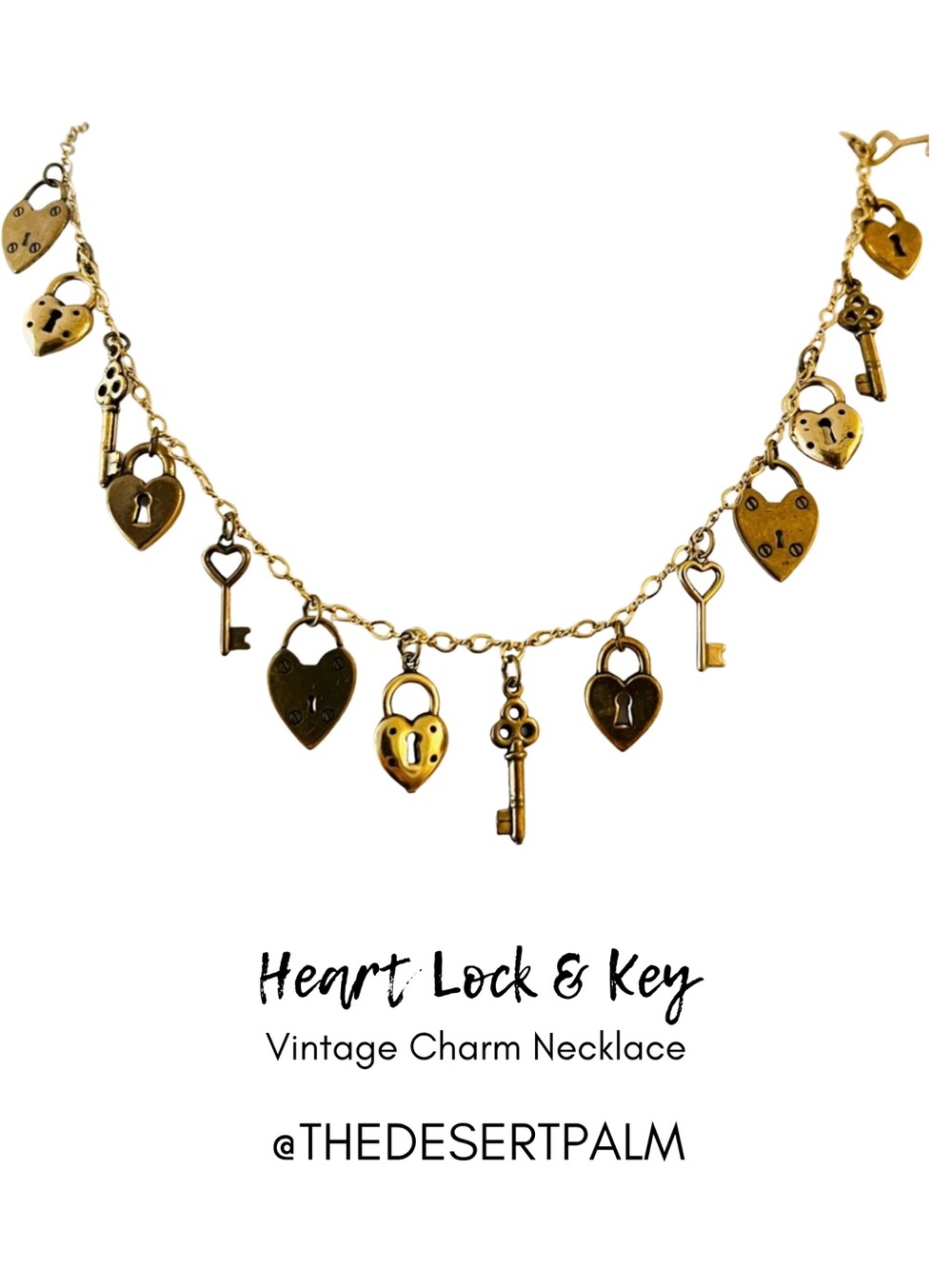 Vintage Heart Lock & Key Charm Necklace Gold Tone